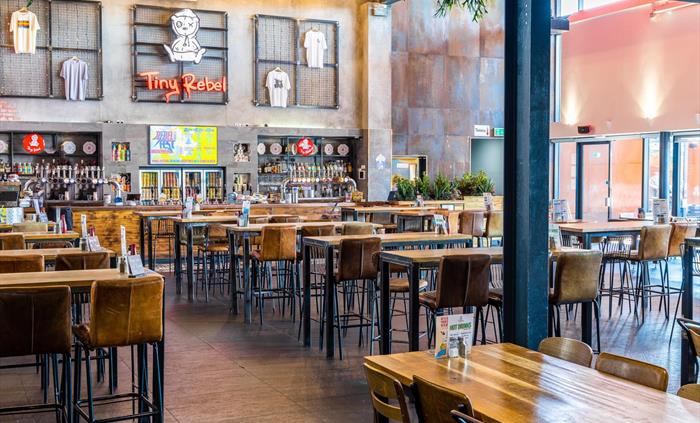 Inside the Tiny Rebel taproom.
